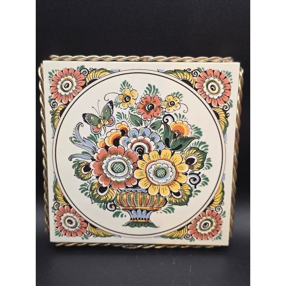 Vintage Delft Polychrome Dutch Ceramic Tile Trivet Floral Gold Framed‎
